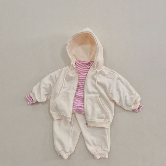 Kids Soy W24 Warm Fleece Zip Up Hoodie and Jogger Pants Set (1 - 6y) - Cream kids outfit