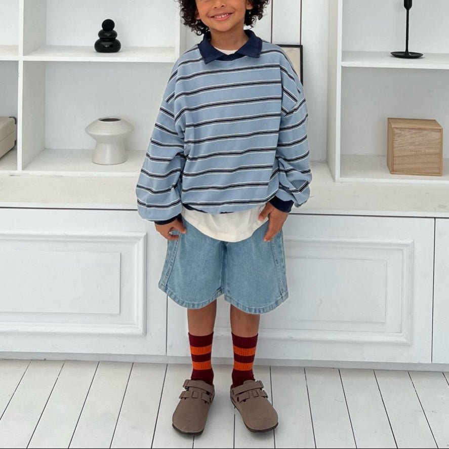 Kids SP26 Collared Stripe Long Sleeve Sweatshirts (2 - 7y) Sky Blue kids outfit