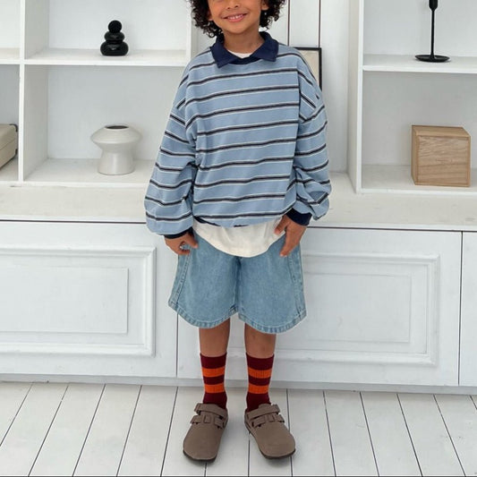 Kids SP26 Collared Stripe Long Sleeve Sweatshirts (2 - 7y) Sky Blue kids outfit