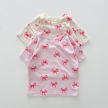 Kids SS25 Bow Print Short Sleeve Top (2 - 7y) - 2 Colors kids outfit