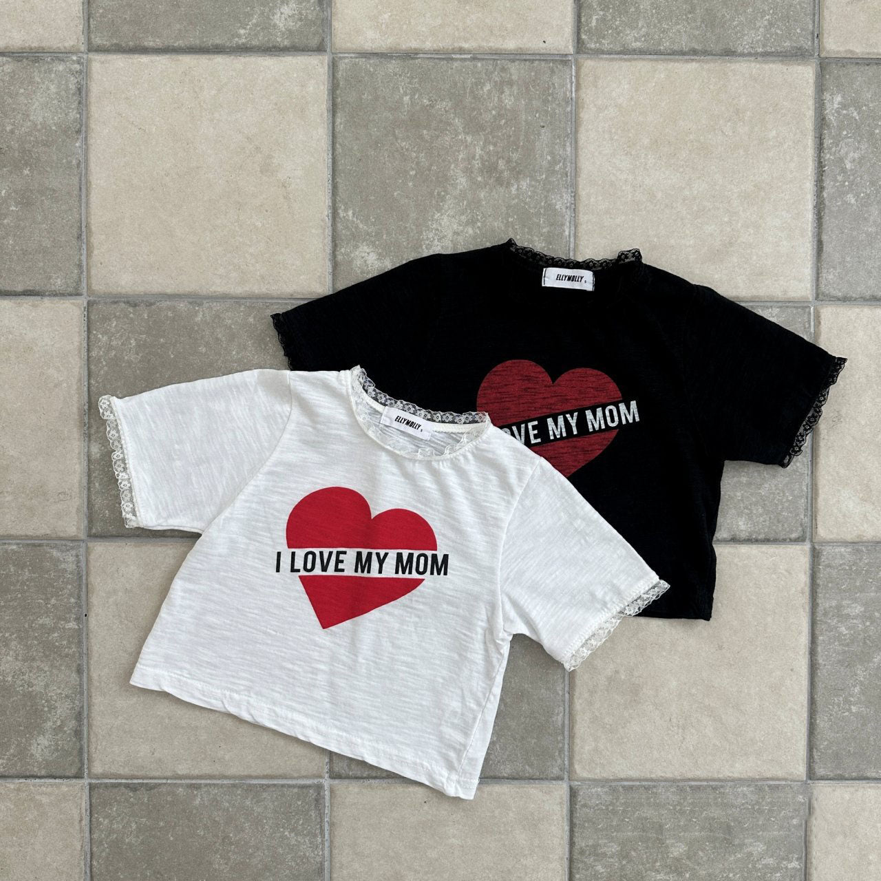 Kids SS25 Lace Detail 'I LOVE MY MOM' in Heart Short Sleeve Cropped Top (2 - 7y) - 2 Colors kids outfit