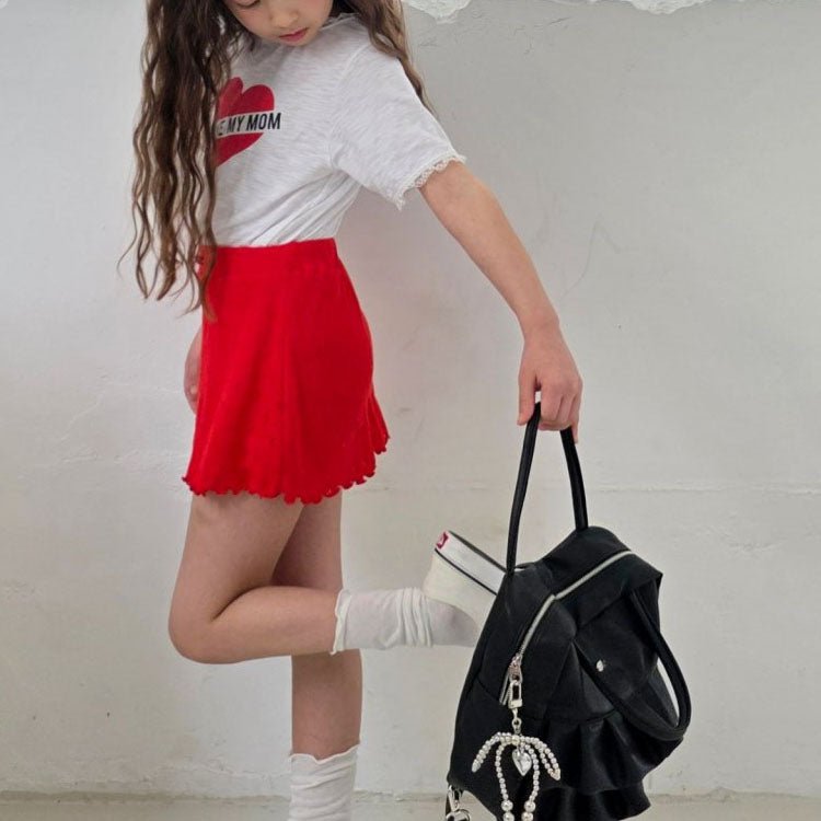 Kids SS25 Lace Detail 'I LOVE MY MOM' in Heart Short Sleeve Cropped Top (2 - 7y) - 2 Colors kids outfit