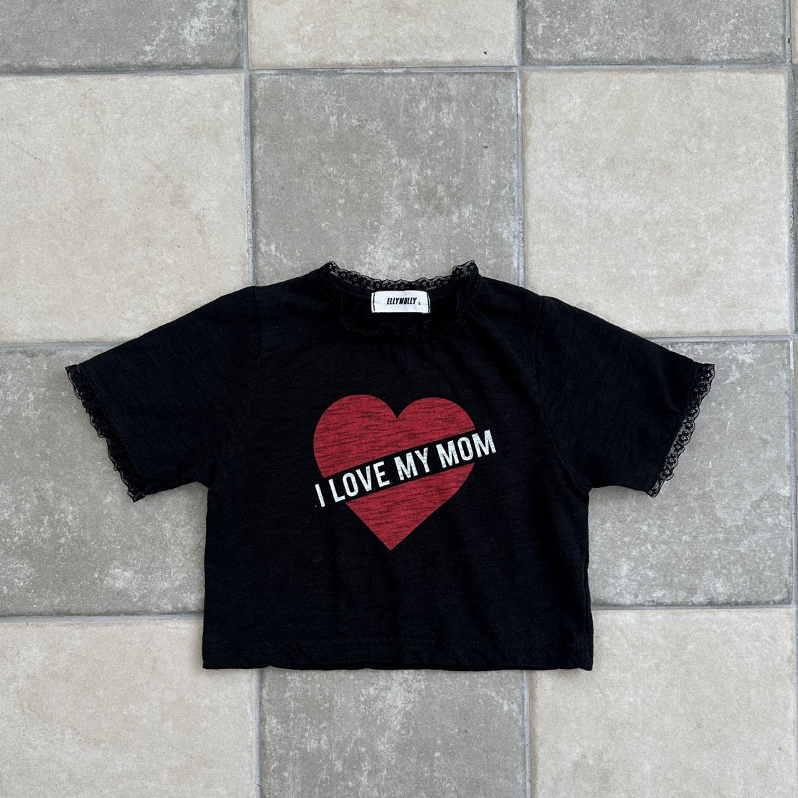 Kids SS25 Lace Detail 'I LOVE MY MOM' in Heart Short Sleeve Cropped Top (2 - 7y) - 2 Colors kids outfit