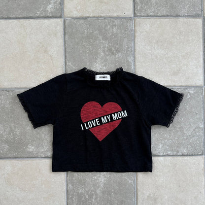 Kids SS25 Lace Detail 'I LOVE MY MOM' in Heart Short Sleeve Cropped Top (2 - 7y) - 2 Colors kids outfit