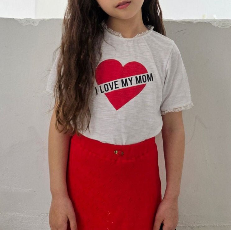 Kids SS25 Lace Detail 'I LOVE MY MOM' in Heart Short Sleeve Cropped Top (2 - 7y) - 2 Colors kids outfit