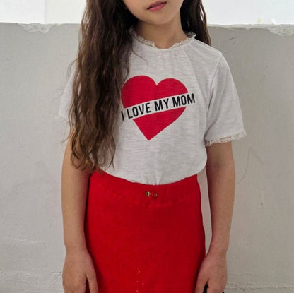 Kids SS25 Lace Detail 'I LOVE MY MOM' in Heart Short Sleeve Cropped Top (2 - 7y) - 2 Colors kids outfit