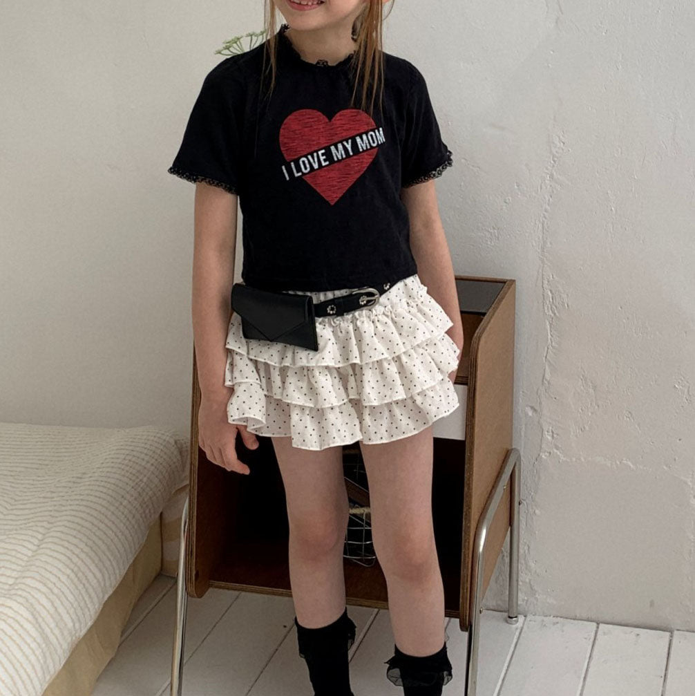 Kids SS25 Lace Detail 'I LOVE MY MOM' in Heart Short Sleeve Cropped Top (2 - 7y) - 2 Colors kids outfit