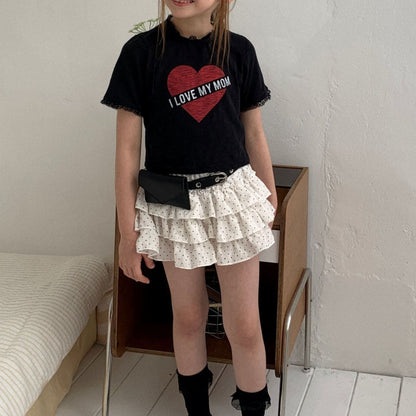 Kids SS25 Lace Detail 'I LOVE MY MOM' in Heart Short Sleeve Cropped Top (2 - 7y) - 2 Colors kids outfit