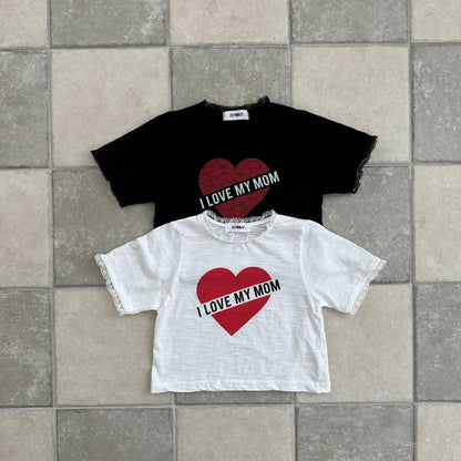 Kids SS25 Lace Detail 'I LOVE MY MOM' in Heart Short Sleeve Cropped Top (2 - 7y) - 2 Colors kids outfit