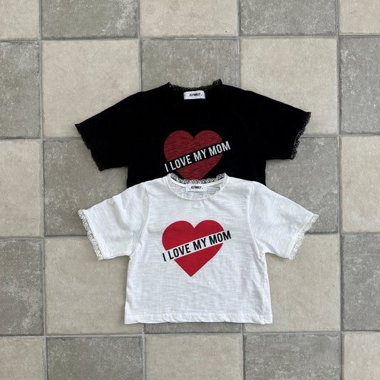 Kids SS25 Lace Detail 'I LOVE MY MOM' in Heart Short Sleeve Cropped Top (2 - 7y) - 2 Colors kids outfit