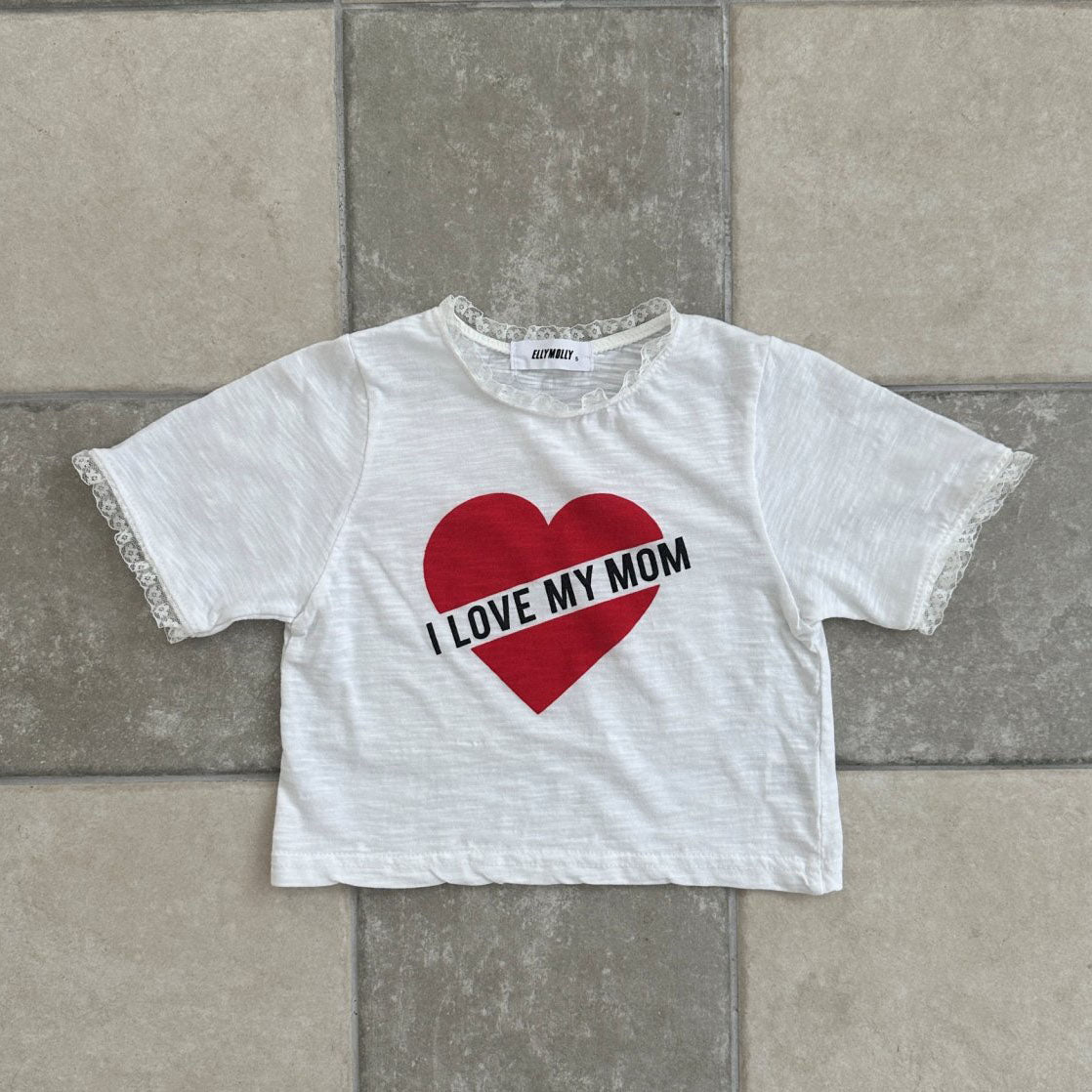 Kids SS25 Lace Detail 'I LOVE MY MOM' in Heart Short Sleeve Cropped Top (2 - 7y) - 2 Colors kids outfit