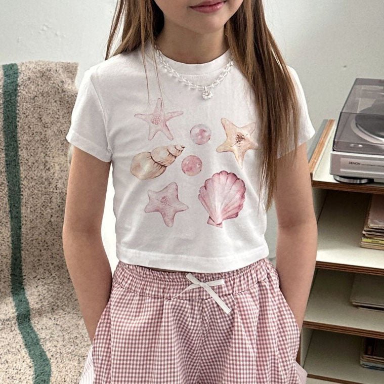 Kids SS25 Shell Print Short Sleeve Cropped Top (2 - 9y) - 2 Colors kids outfit