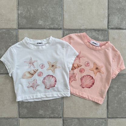 Kids SS25 Shell Print Short Sleeve Cropped Top (2 - 9y) - 2 Colors kids outfit