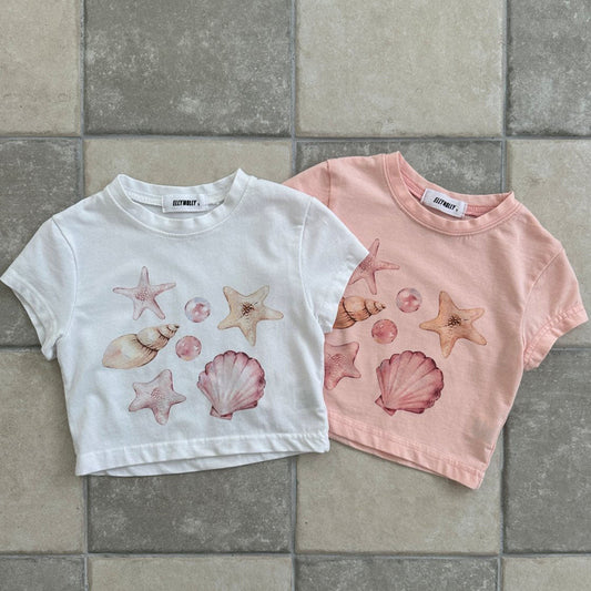 Kids SS25 Shell Print Short Sleeve Cropped Top (2 - 9y) - 2 Colors kids outfit