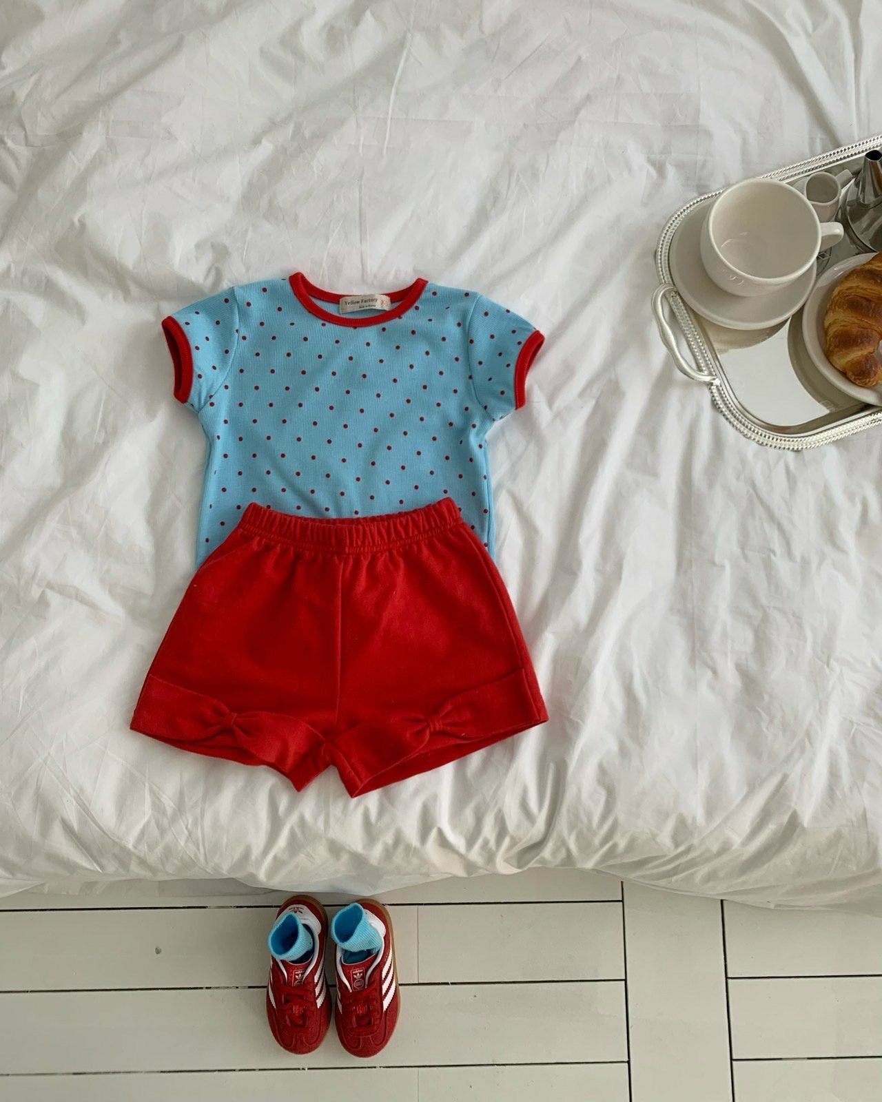 Kids SS26 Polka Dot Ribbed Short Sleeve Top (1 - 7y) - Blue - AT NOON STORE
