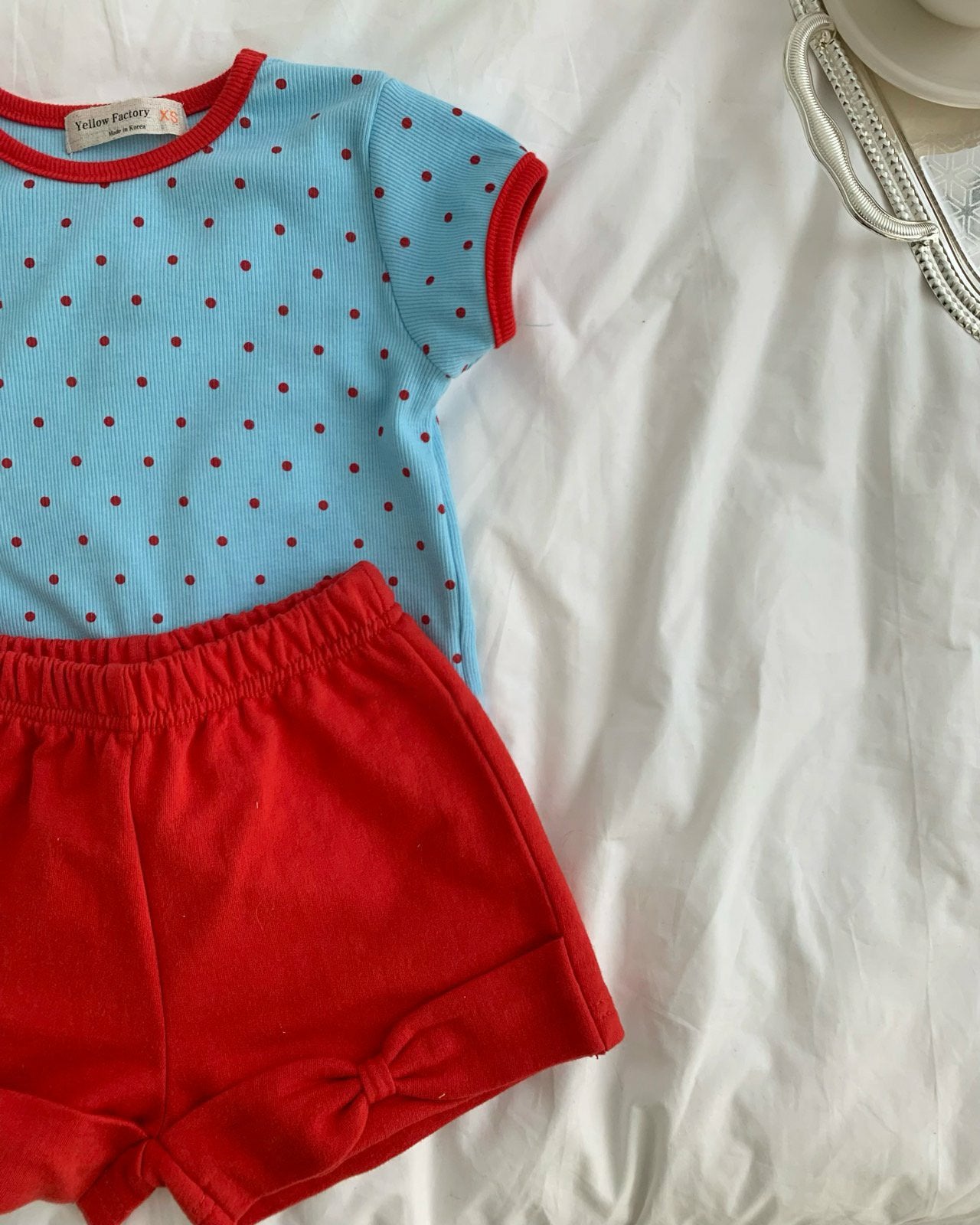 Kids SS26 Polka Dot Ribbed Short Sleeve Top (1 - 7y) - Blue - AT NOON STORE