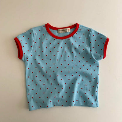 Kids SS26 Polka Dot Ribbed Short Sleeve Top (1 - 7y) - Blue - AT NOON STORE