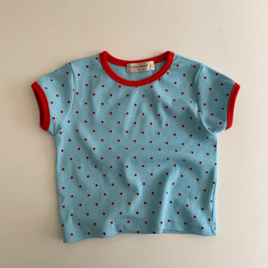 Kids SS26 Polka Dot Ribbed Short Sleeve Top (1 - 7y) - Blue - AT NOON STORE
