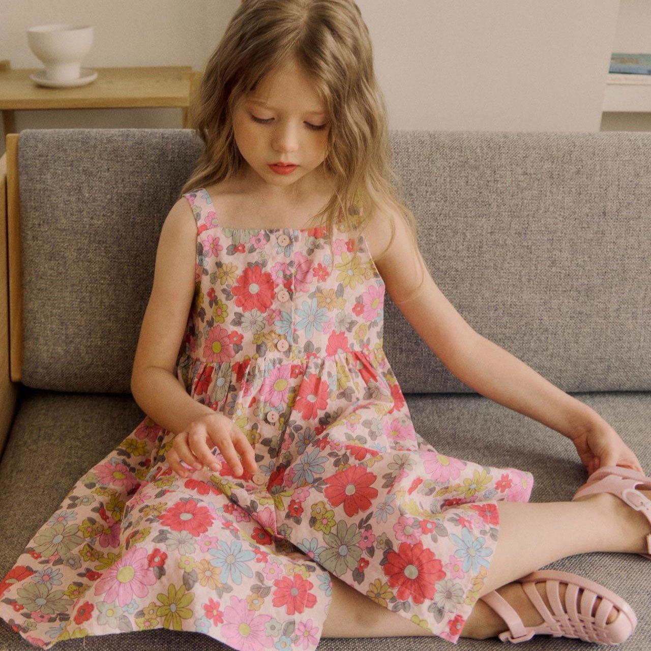 Kids SS26 Square Neck Sleeveless Floral Dress (3-8y) - Pink kids outfit