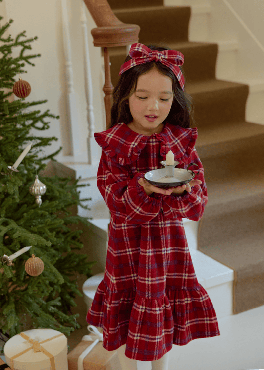 Kids W25 Holiday Plaid Big Collar Frill Dress (2 - 7y) - Red Blue kids outfit