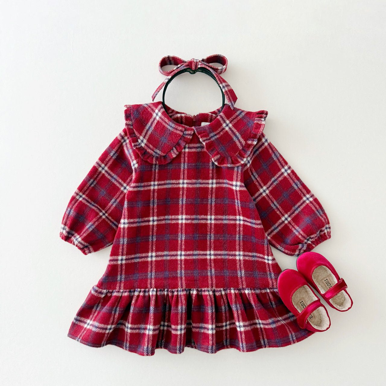 Kids W25 Holiday Plaid Big Collar Frill Dress (2 - 7y) - Red Blue kids outfit