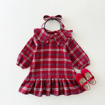 Kids W25 Holiday Plaid Big Collar Frill Dress (2 - 7y) - Red Blue kids outfit