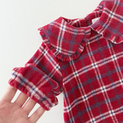 Kids W25 Holiday Plaid Big Collar Frill Dress (2 - 7y) - Red Blue kids outfit