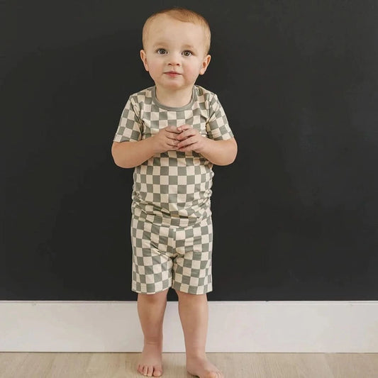 Light Green Checkered Bamboo Cozy Short Set (2T - 6Y) kids outfit