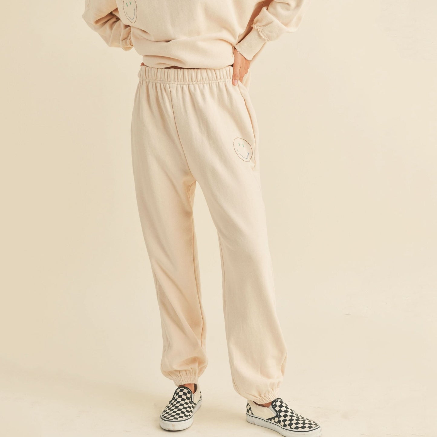 Mama French Terry Smile Print Sweatpants - Beige kids outfit