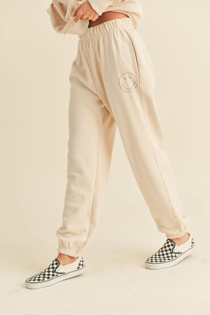 Mama French Terry Smile Print Sweatpants - Beige kids outfit