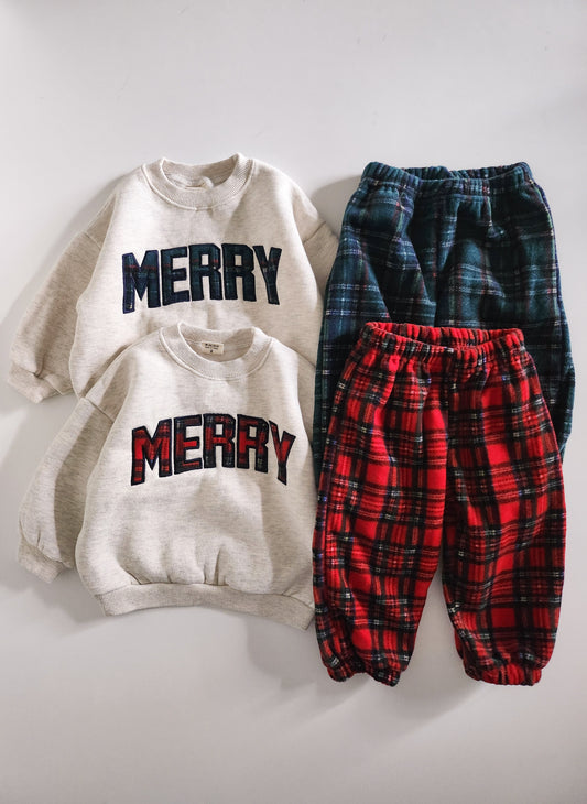 [PRE-ORDER] Toddler Merry Patch Embroidery Sweatshirt and Tartan Fleece Jogger Pants Set (6m-9y) - 2 Colors