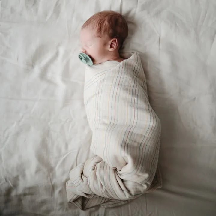 Mushie Muslin Swaddle Blanket Organic Cotton (Retro Stripe) kids outfit