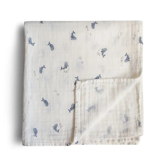 Mushie Muslin Swaddle Blanket Organic Cotton (Whales) kids outfit