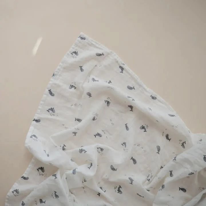 Mushie Muslin Swaddle Blanket Organic Cotton (Whales) kids outfit