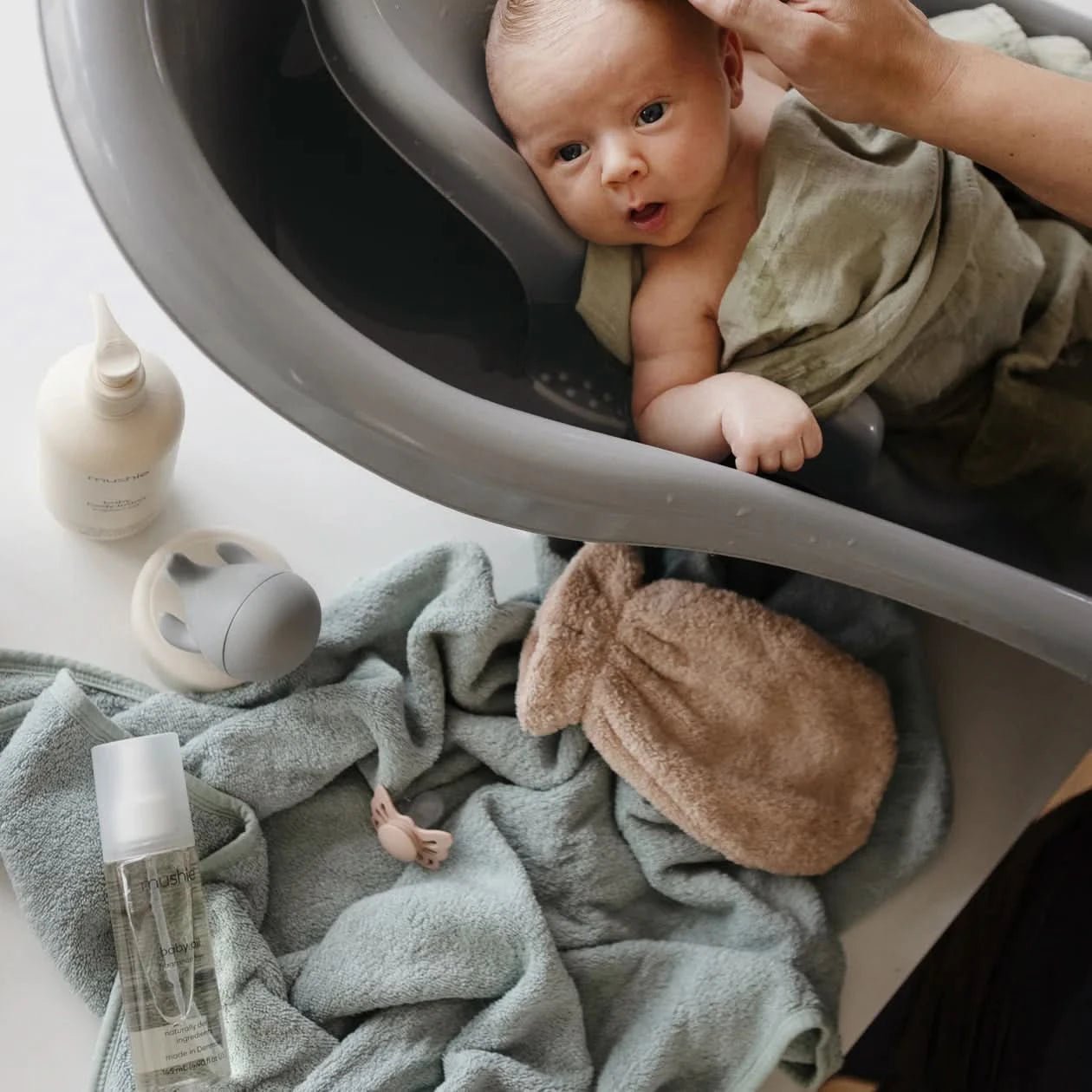 Mushie Organic Cotton Baby Hooded Towel - Sea Mist kids outfit