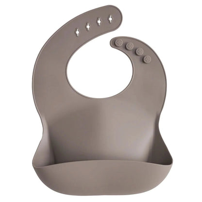 Mushie Silicone Baby Bib - Dove Gray kids outfit