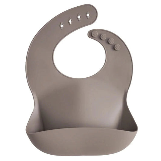 Mushie Silicone Baby Bib - Dove Gray kids outfit