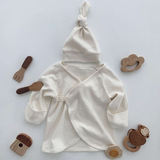 Newborn 2 Piece Organic Cotton Top and Beanie Set (0 - 3m) - Ivory kids outfit