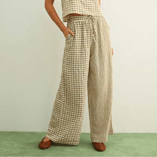 [PRE - ORDER] Adult Mixed Gingham Straight Pants - Beige - AT NOON STORE