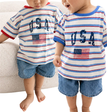 [Pre-Order] At Noon Kids Oversized USA Print Stripe T-Shirt (6m-8y) - 2 Colors kids outfit