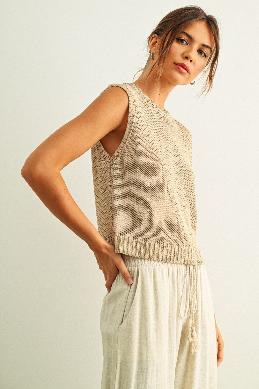 [Pre - Order]Adult Sleeveless Knitted Top - Beige - AT NOON STORE