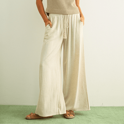 [PRE - ORDER]Adult SP26 Linen Smocked Waist Pants With Tassel - Oatmeal - AT NOON STORE
