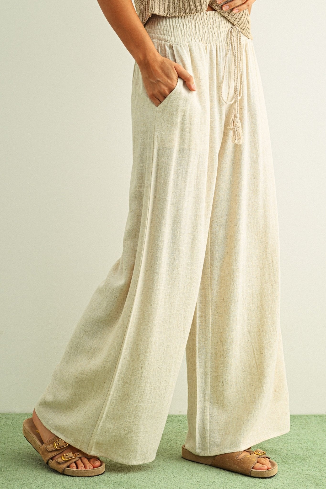 [PRE - ORDER]Adult SP26 Linen Smocked Waist Pants With Tassel - Oatmeal - AT NOON STORE