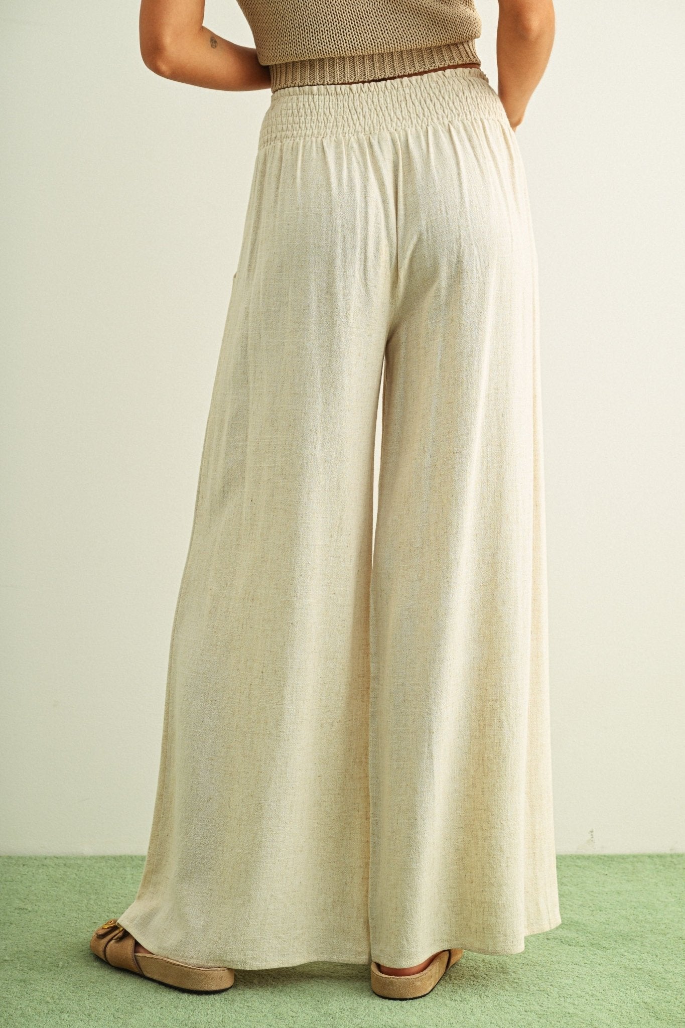 [PRE - ORDER]Adult SP26 Linen Smocked Waist Pants With Tassel - Oatmeal - AT NOON STORE