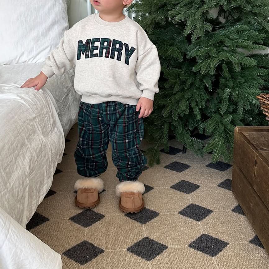 [PRE-ORDER]Toddler Merry Patch Embroidery Sweatshirt and Tartan Fleece Jogger Pants Set (6m-9y) - 2 Colors kids outfit