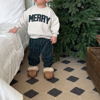 [PRE-ORDER]Toddler Merry Patch Embroidery Sweatshirt and Tartan Fleece Jogger Pants Set (6m-9y) - 2 Colors kids outfit