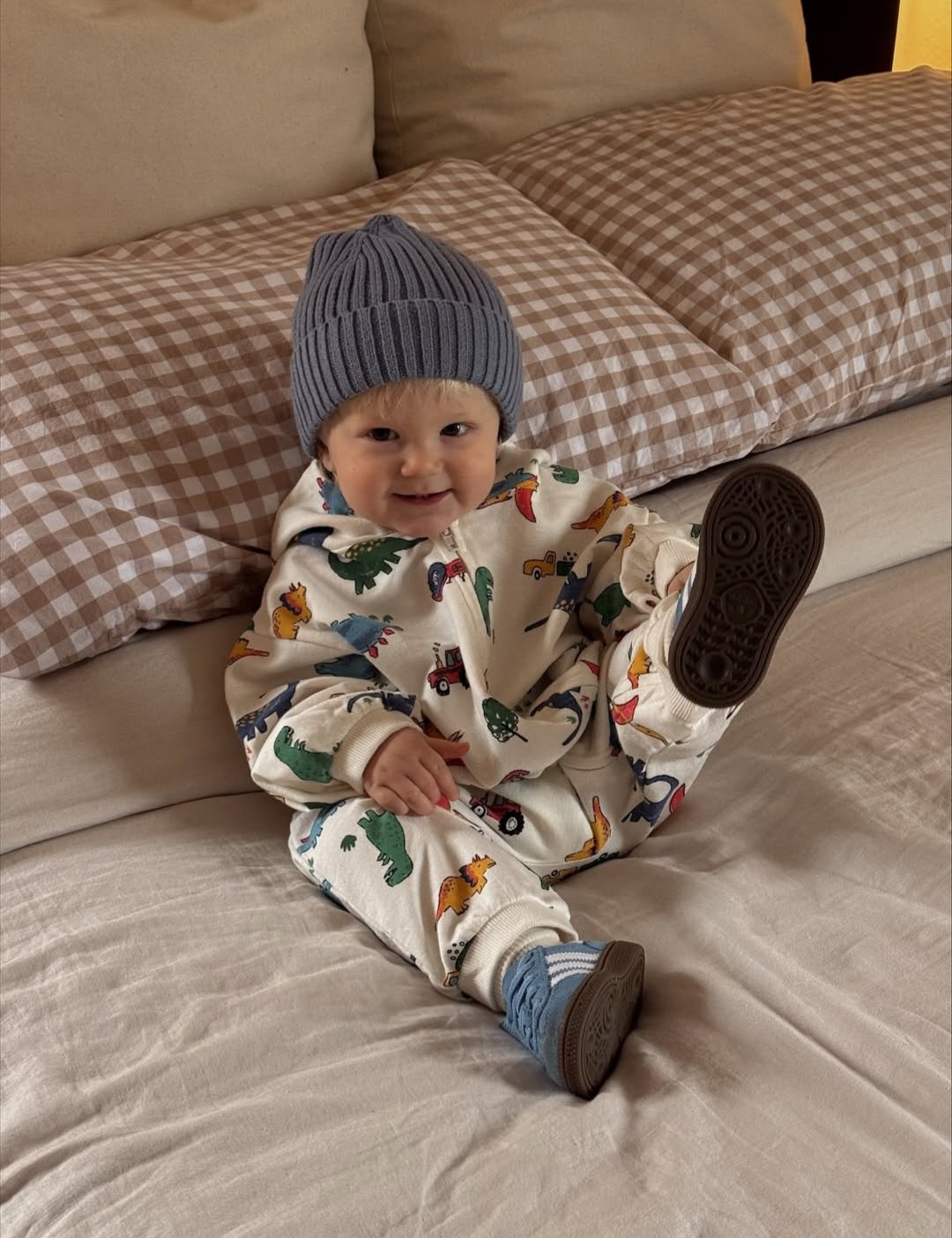 [At Noon Original] Baby Oversized Zip-Up Hoodie Jumpsuit (3m-4y)-Cream Dinosaur - AT NOON STORE