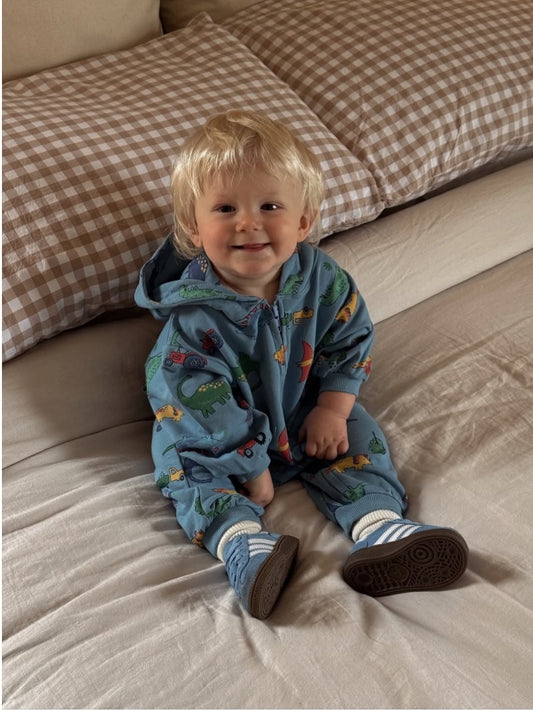 [At Noon Original] Baby Oversized Zip-Up Hoodie Jumpsuit (3m-4y)- Blue Dinosaur