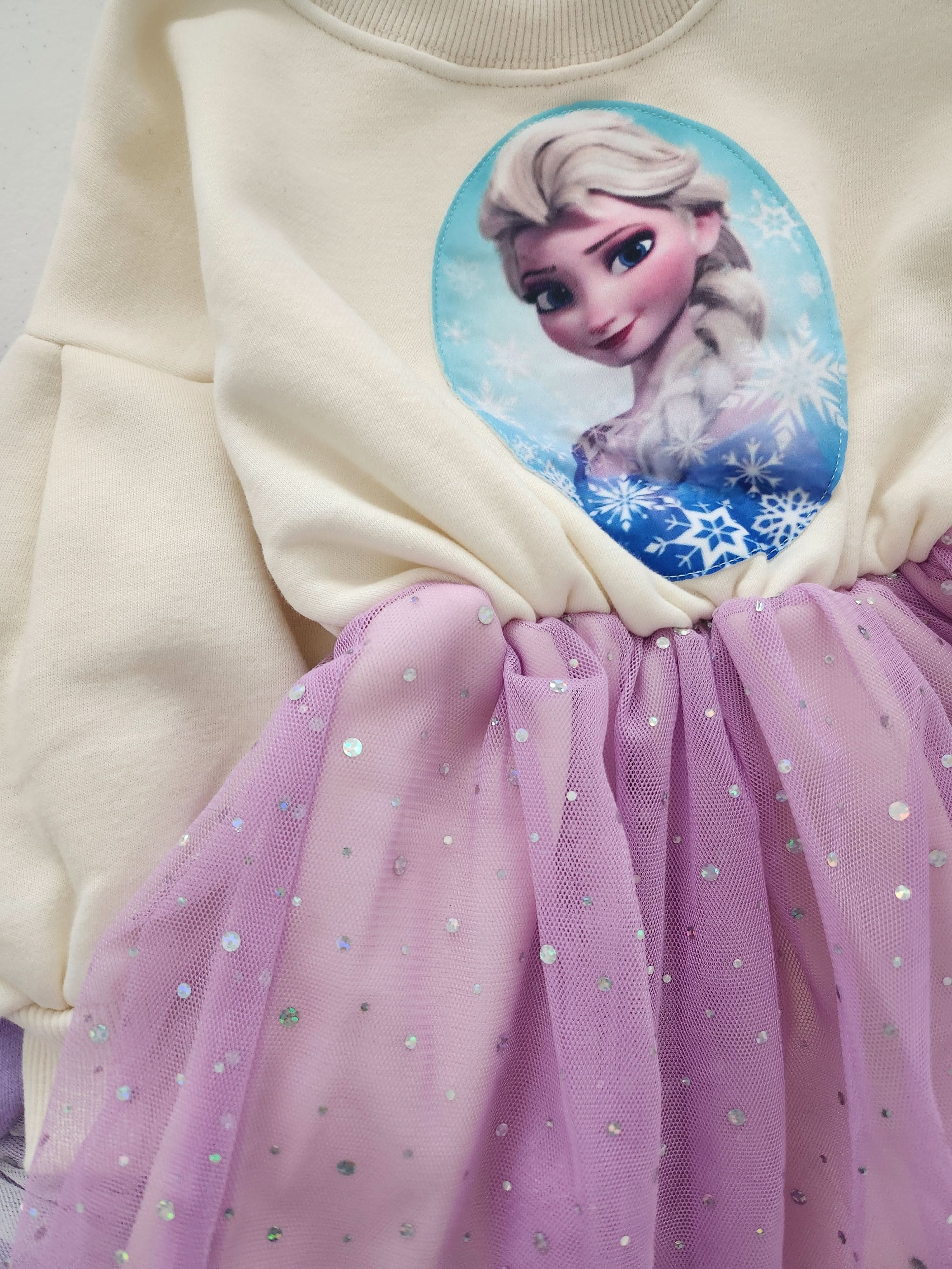 MO Toddler Fleece Lined Puff Sleeve Cotton Elsa Tulle Dress 15m 7y 2 Colors Lavender Top 15m 3y S