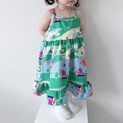 Toddle SS25 Seersucker Spaghetti Strap Ruffle Dress (2 - 6y) - Green kids outfit